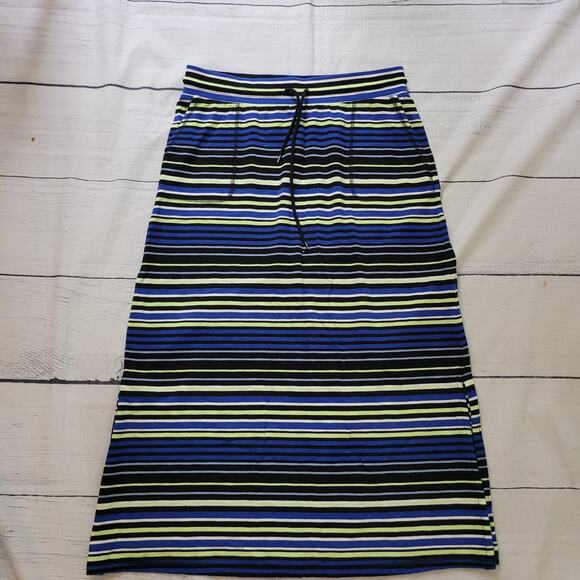 T By Talbots Size MP Striped Maxi Skirt Side Slit Lime Green Black Blue Casual - Picture 3 of 10